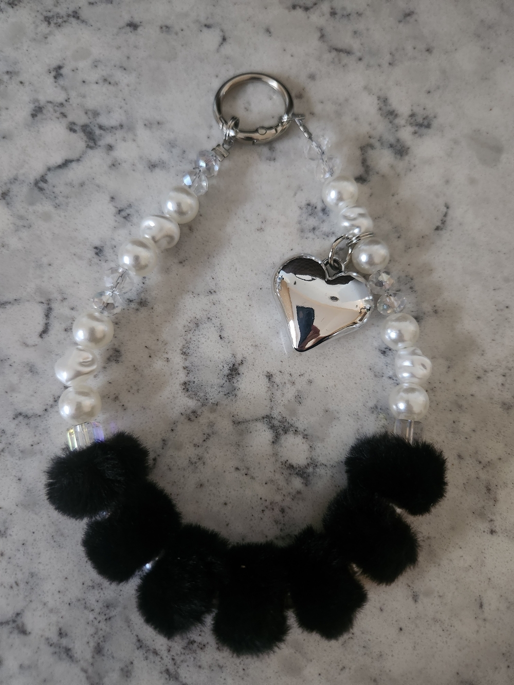 Pearl Bead Keychain with Silver Heart & Black Fur Pom Poms